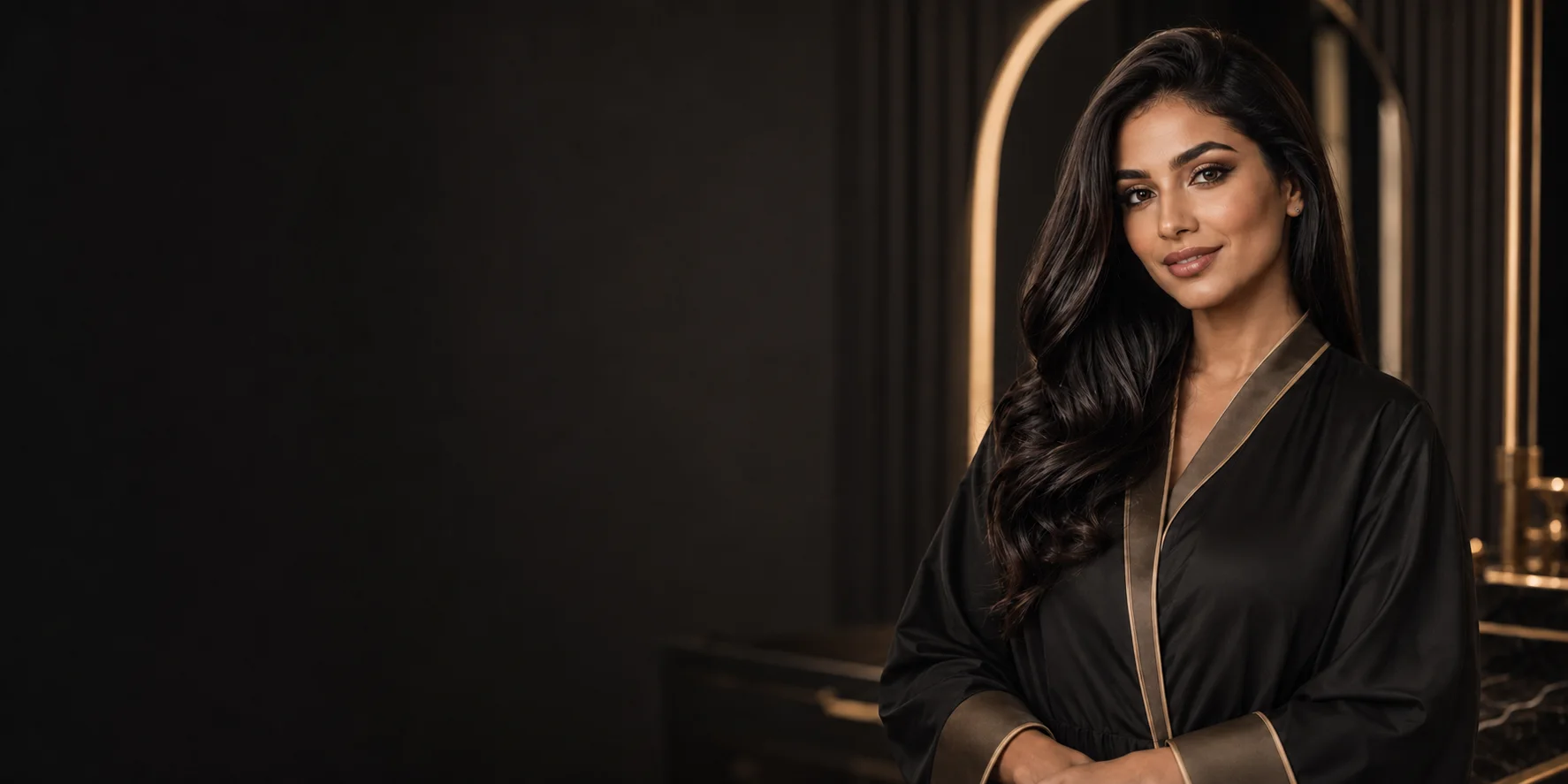 Elegant Gulf woman with styled dark hair and refined Khaleeji makeup in a luxury ladies beauty salon